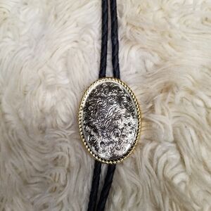 Vintage Ivan Bolero Tie Two Toned Metal Medallion Black Braided Rope Western